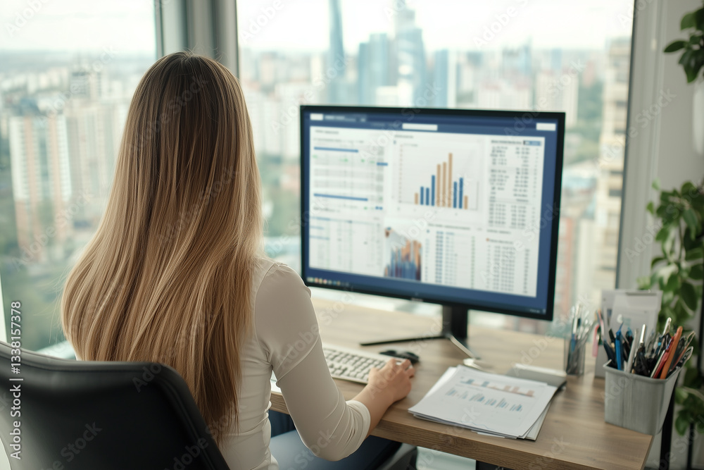 Aufkleber woman analyzing financial data on computer screen