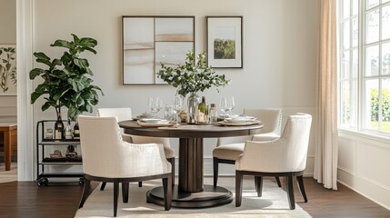 An elegant and versatile dining area with practical guest-friendly furniture, featuring an extendable dining table, stackable chairs, and a rolling bar cart.