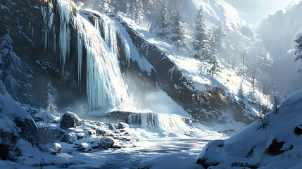 Frozen Waterfall in a Snowy Mountain Valley