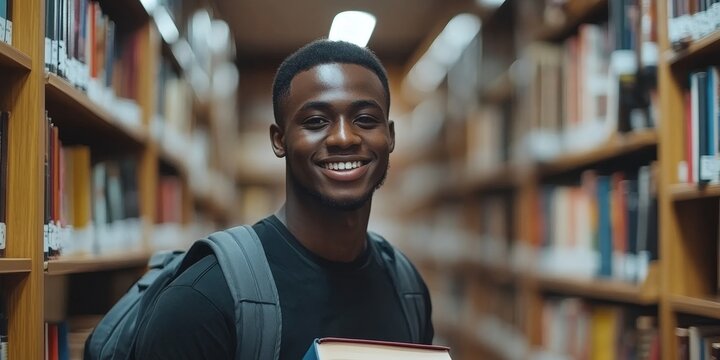 Smiling African American student guy standing in university library with backpack and copybooks, looking at camera with confident smile over book store or library