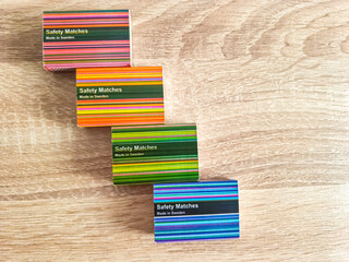 Colorful safety matches boxes made in sweden with copy space	
