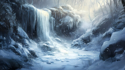 Frozen Waterfall Winter Pathway Magical Forest Scene