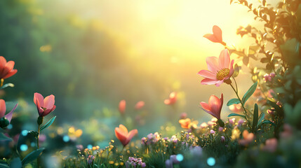 Pink Flowers Illuminated By Golden Sunlight In A Garden