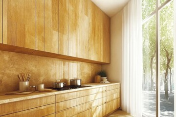 Minimalist kitchen design with natural wood cabinets and sunlit interiors for modern home decor