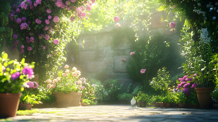 Sunlit Garden Path with Blooming Flowers and Plants