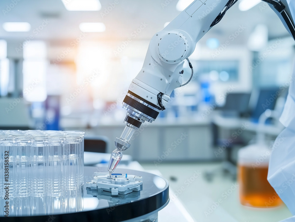 Poster robotic arm handling test tube in laboratory environment, showcasing precision, automation, and adva