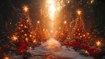 Magical Christmas Trees Line A Snowy Forest Path