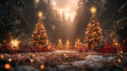 Illuminated Christmas Trees In Snowy Winter Forest