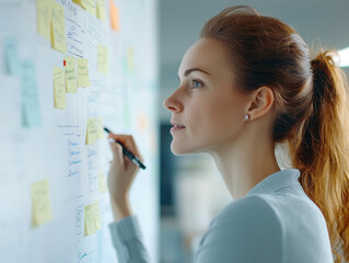 Obraz premium Focused businesswoman writing notes on sticky notes board