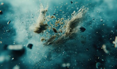 Obraz premium Dust and debris explosion in teal atmosphere for abstract background