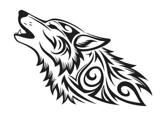 Tribal Howling Wolf Tattoo – Bold and Elegant Black and White Vector Illustration