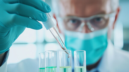 Scientist holding pipette conducting chemical experiment carefully in laboratory, wearing protective gloves and mask, focused on test tubes analysis