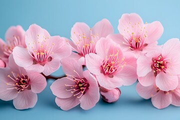 Fototapeta premium Spring Blossom Beauty: Fresh Sakura Flowers on Blue Background for Floral Decor and Design