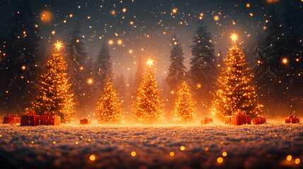 Illuminated Christmas Trees in a Snowy Winter Forest
