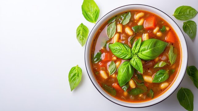 A Bowl of Hearty Vegetarian Mirone Soup with Beans Pasta Vegetables and Fresh Basil on a Bright White Background with Scattered Basil Leaves