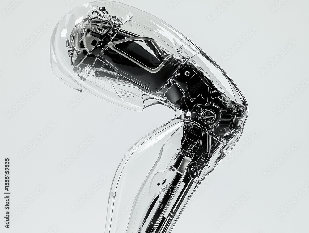 Poster advanced artificial knee joint with transparent futuristic design showcasing intricate mechanical co