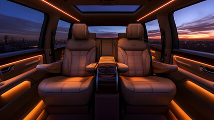Luxurious SUV Interior at Sunset Cityscape View