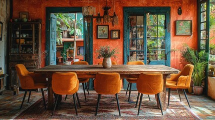 A dining room interior with a wooden table and orange chairs