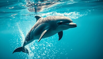 Naklejka premium A graceful dolphin swims effortlessly through the vibrant blue ocean, its sleek body glistening with sunlight filtering through the surface