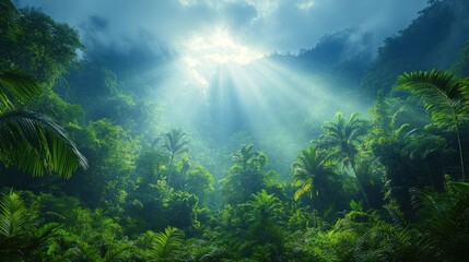 Obraz premium Luminous Rainforest: Sunbeams Illuminate Lush Tropical Canopy