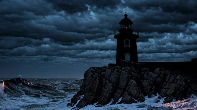 Dramatic lighthouse storm sequence: waves crash as beacon shines at night. 4k stock footage