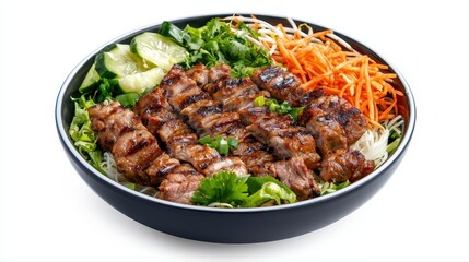 Fototapeta premium A Dark Bowl Overflowing with Grilled Meat, Rice Noodles, Shredded Carrots, Cucumbers, Bean Sprouts, and Fresh Cilantro on White Background