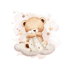Watercolor Illustration Sleepy Baby Bear Holding Blanket Sits on Cloud with Stars