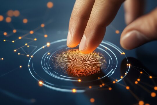 Fingerprint scanning on a digital interface with futuristic biometric technology. Cybersecurity, authentication, and identity verification concept. Copy space