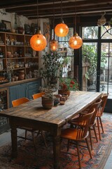 A rustic dining room with a wooden table and pendant lights
