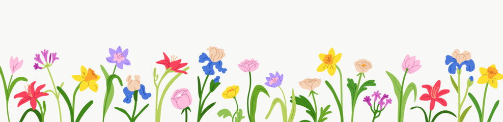 Floral border. Flower branches, horizontal banner. Colorful blossoms, blooming plants, summer nature design. Spring garden stems, iris, lily, daffodil, rose. Colored flat vector illustration