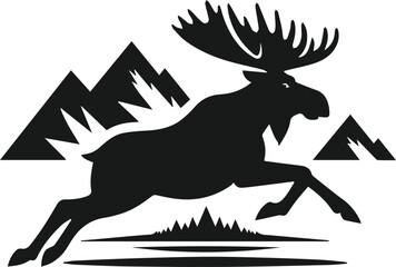 Black vector silhouette of a moose running with mountains