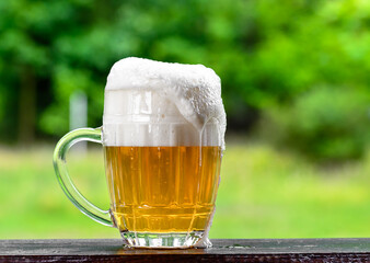 Golden craft beer with foam in a glass mug