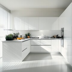 Modern kitchen interior shows clean design with white cabinetry and plants