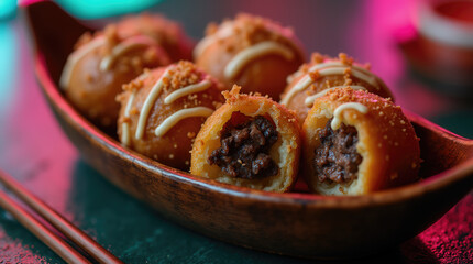 Sweet dumplings filled with rich chocolate are presented in a polished wooden bowl. The vibrant backdrop enhances the delicious dessert's appeal, ideal for evening gatherings