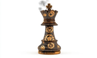 Fototapeta premium Steampunk chess queen with gears, smoke, isolated on white, strategy concept
