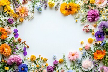 Obraz premium Vibrant frame of spring wildflowers ideal for creating greeting cards, seasonal promotions, and festive decor during spring events and holidays.