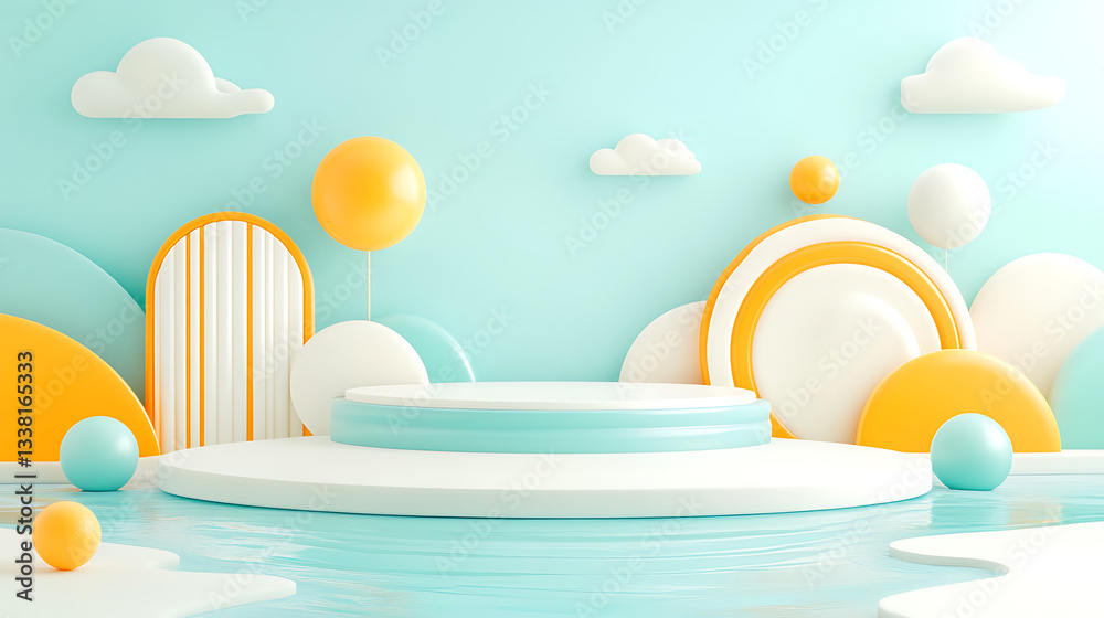 Poster a vibrant, abstract setting featuring colorful geometric shapes and a serene water surface, evoking 