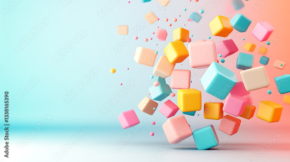 Poster A vibrant explosion of colorful cubes against a soft gradient background, creating a dynamic and playful visual effect
