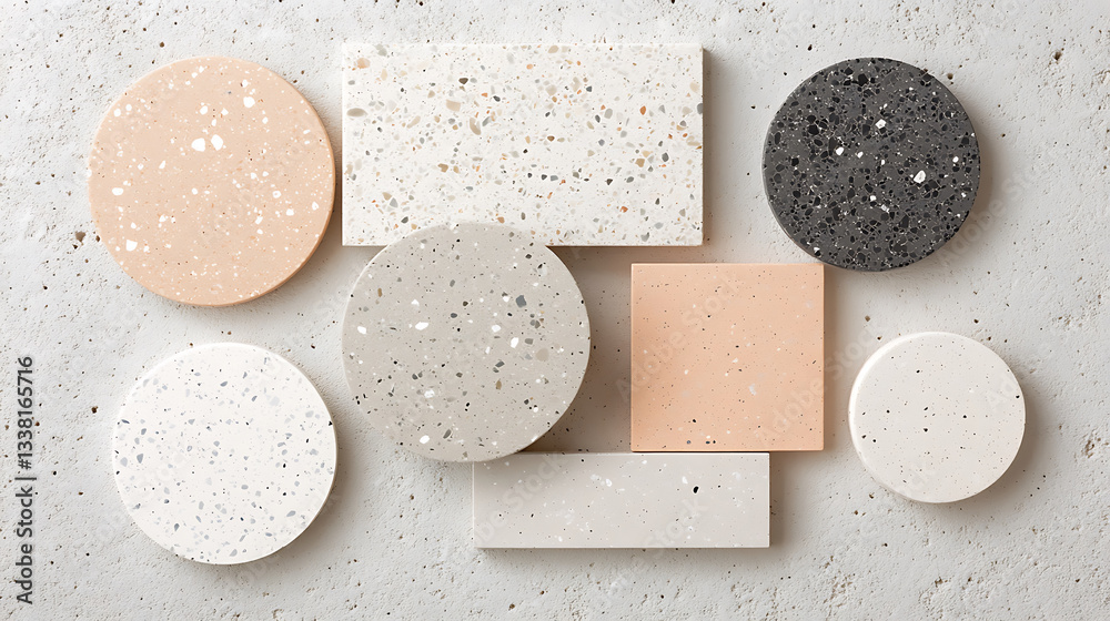Poster a collection of textured surfaces in various shapes and colors, showcasing a modern and minimalist d