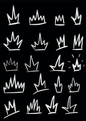 A collection of various doodle crown drawings on a black background