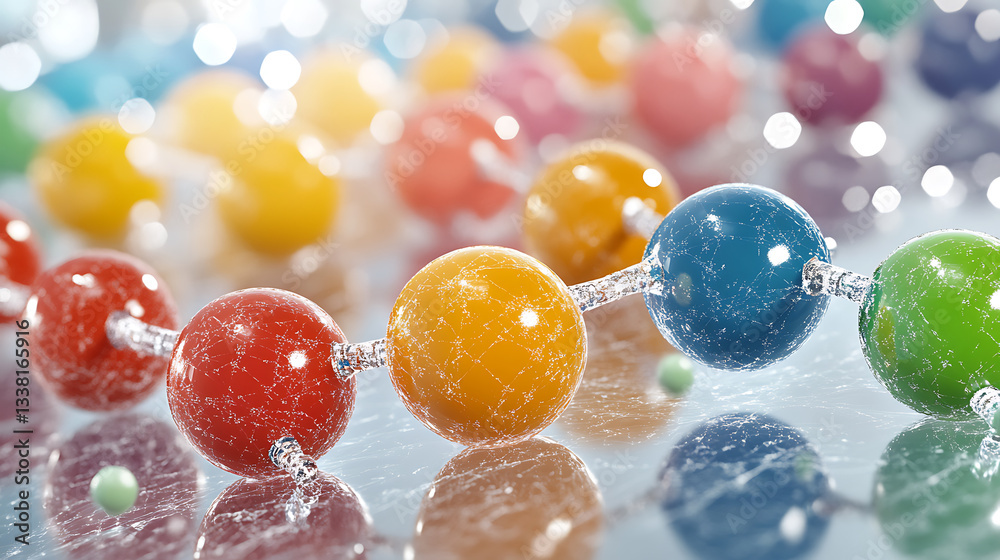 Poster A vibrant close-up of colorful spheres connected by transparent links, creating a visually striking molecular or abstract representation