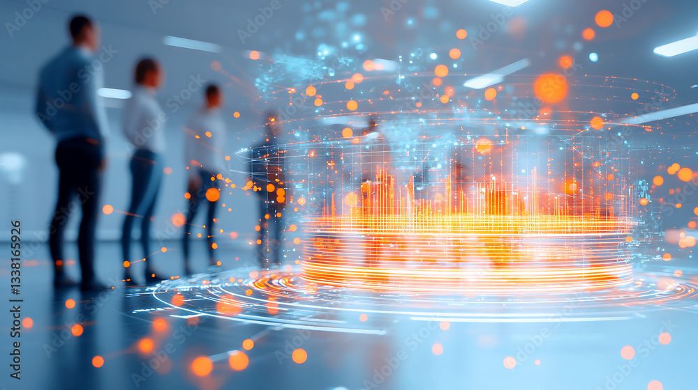 Poster A futuristic meeting scene with figures standing around a digital display featuring vibrant data visualizations and glowing particles