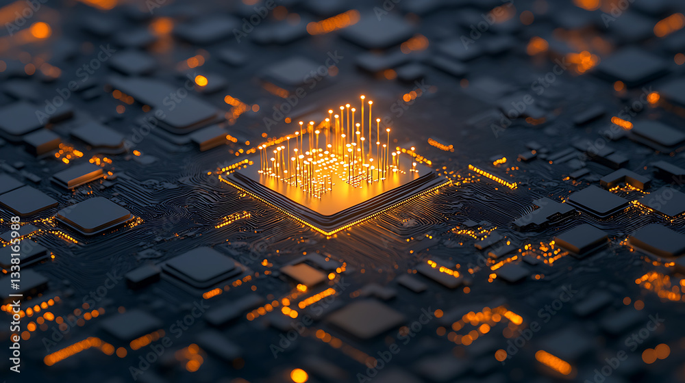 Poster A close-up view of a glowing microchip, showcasing intricate circuitry and illuminated components, highlighting technology and innovation