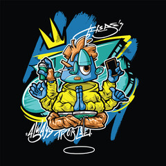 A vibrant and colorful graffiti-style vector illustration featuring a street art character