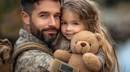 Obraz premium Soldier reunites with daughter outdoors, autumn