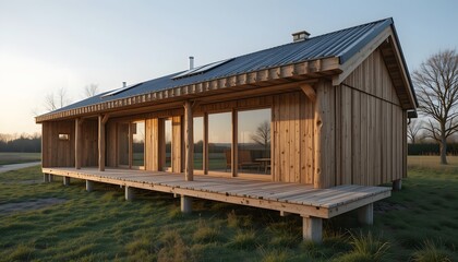 Fototapeta premium A modern wooden house with large glass windows, situated on a grassy landscape, illuminated by warm sunlight during sunset.