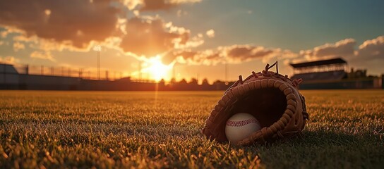 A baseball glove and ball are on a field at sunset