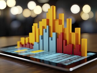 Obraz premium A visually striking stock market forecast tool displayed on a tablet, with colorful data points and analytics.