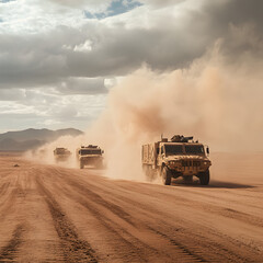 Fototapeta premium Military convoy advancing through desert action shot landscape dramatic atmosphere