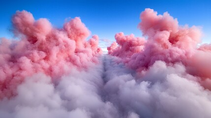 Fototapeta premium Pink Clouds and White Mist Under Blue Sky Aerial View